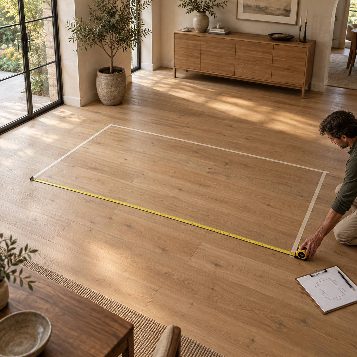 Editorial room-planning scene with a table footprint taped on the floor and a tape measure aligned along its length