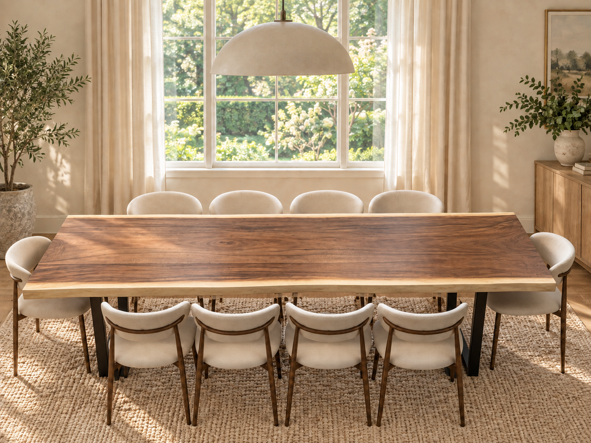 Natural monkeypod dining table with U-shaped steel legs in a digitally staged finish-comparison room