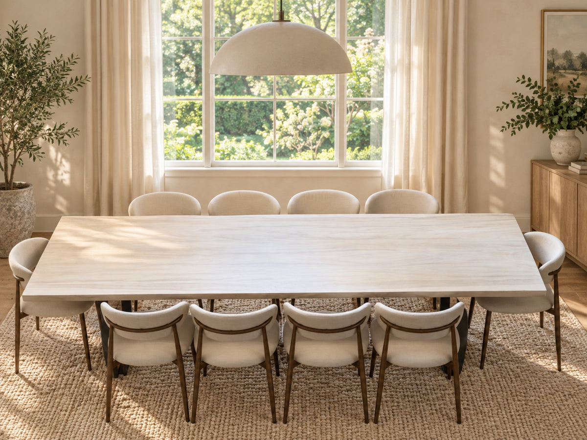 Pale bleached dining table with ten cream chairs in a digitally staged room with linen curtains