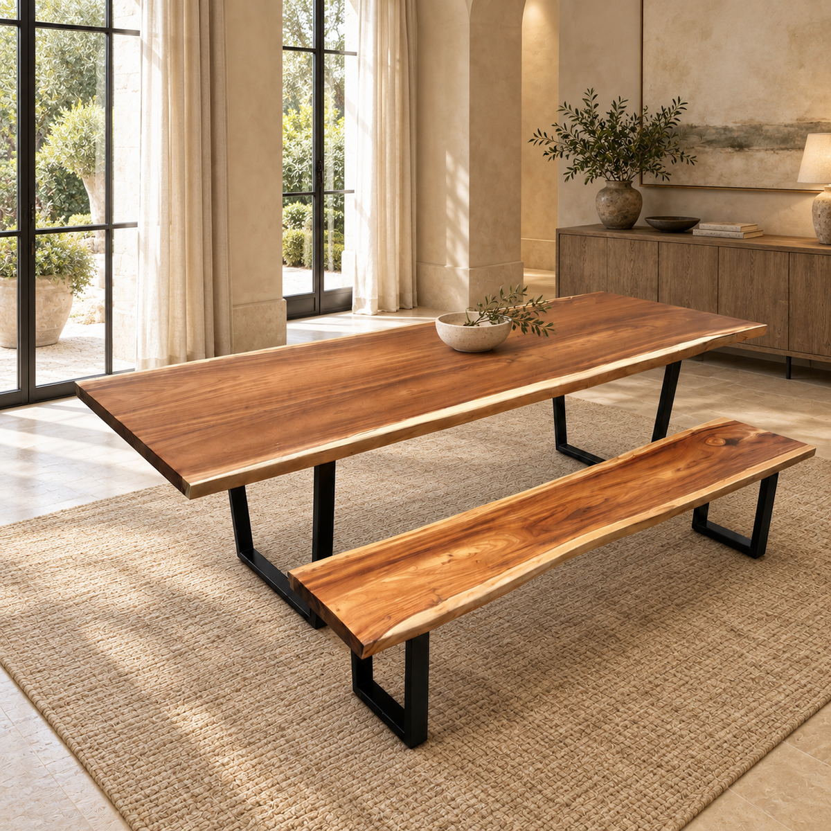Natural live-edge wood dining table and matching live-edge bench with U-shaped steel legs in a digitally staged luxury room