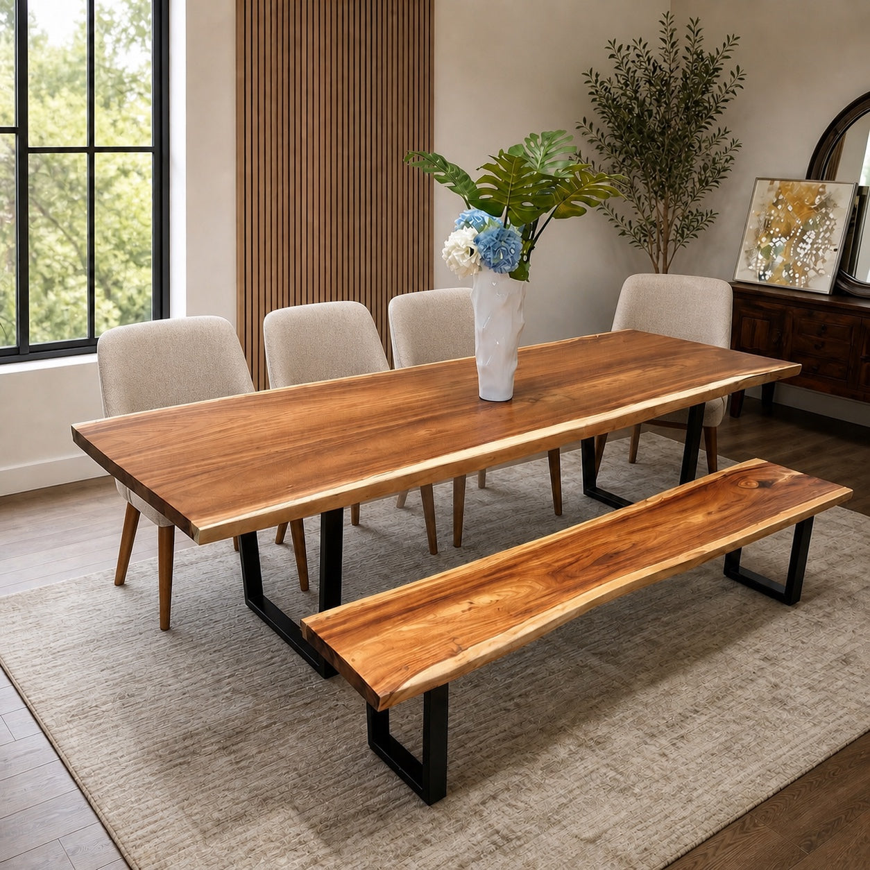 Live edge dining table and matching bench in a modern dining room