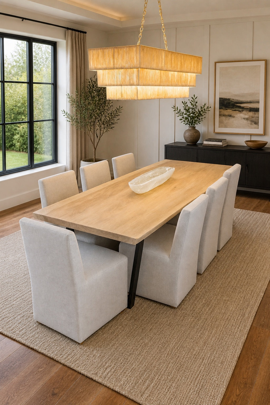 Light natural live edge dining table with cream dining chairs