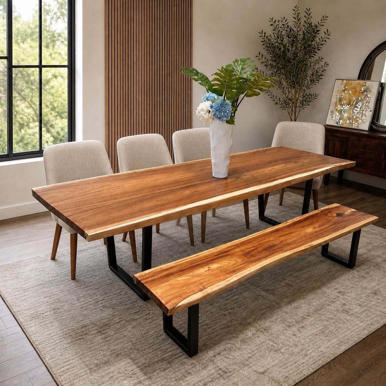 Live edge dining table and matching bench in a modern dining room