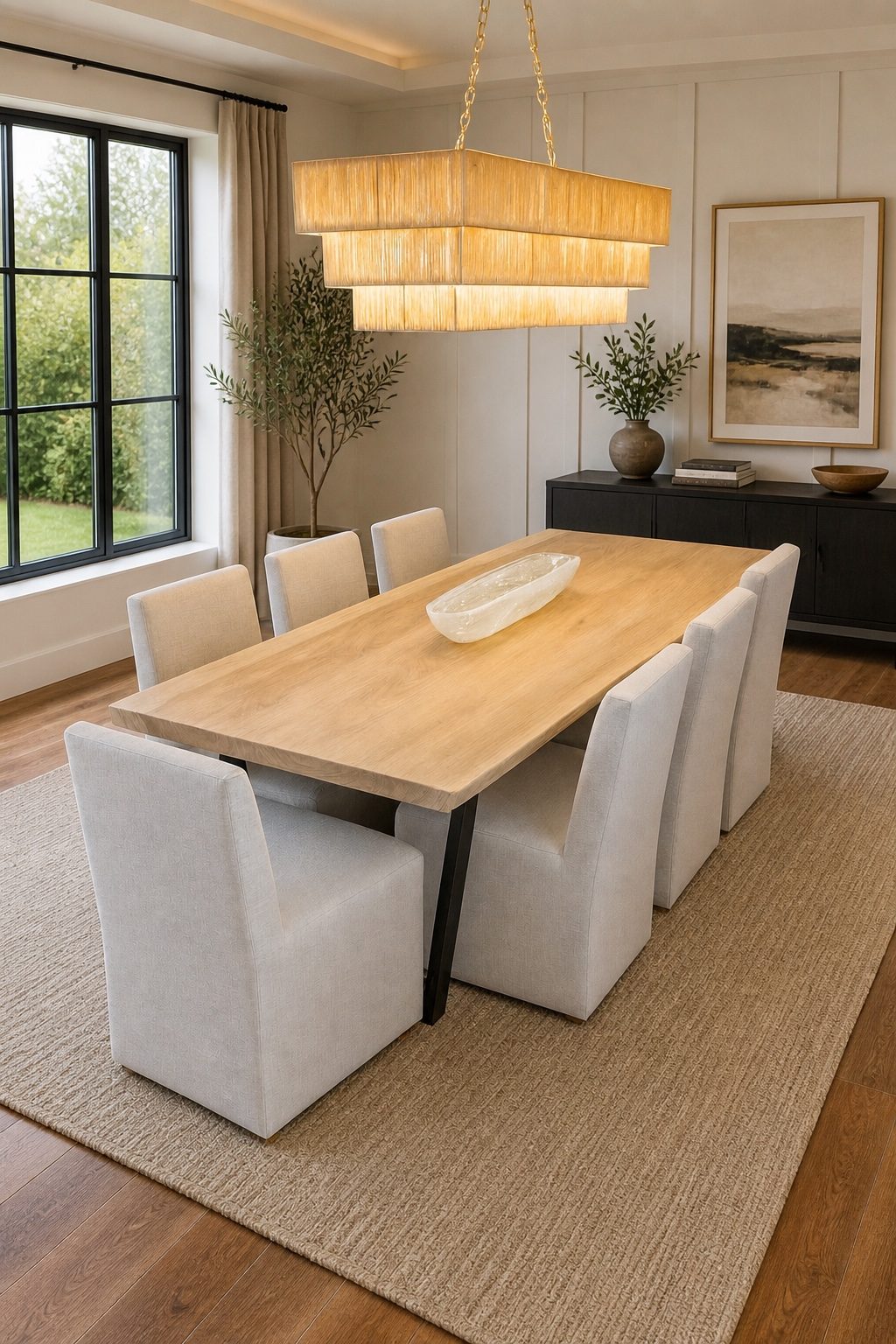 Light natural live edge dining table with cream dining chairs