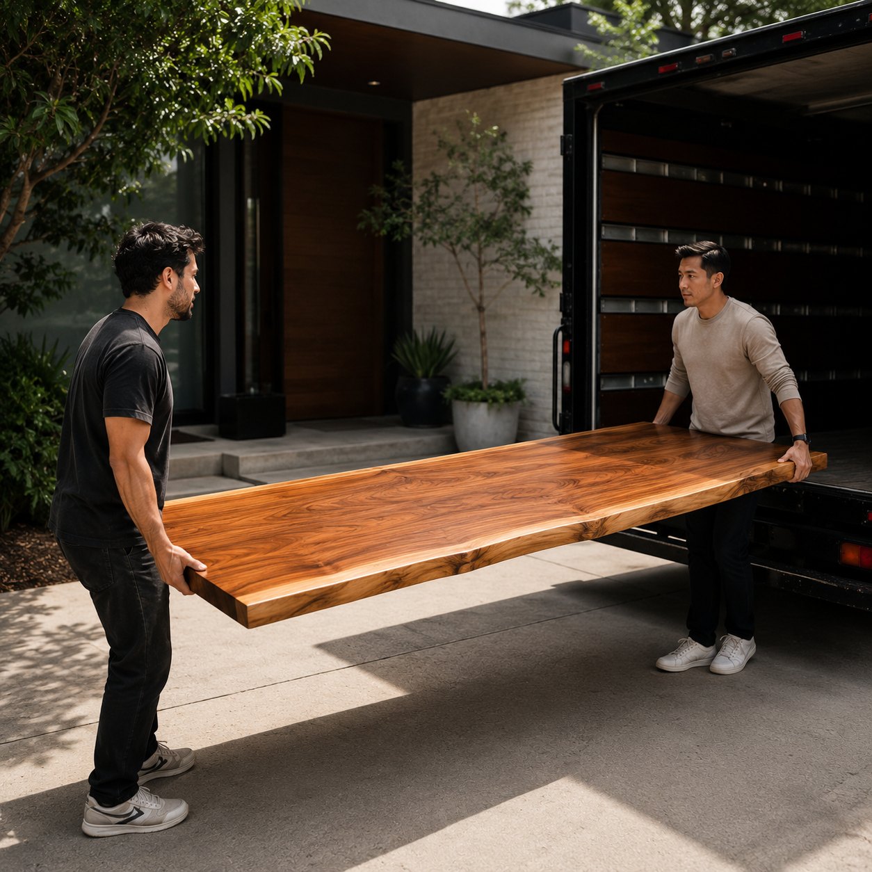 Heft Home team carrying a live edge table top from the delivery truck