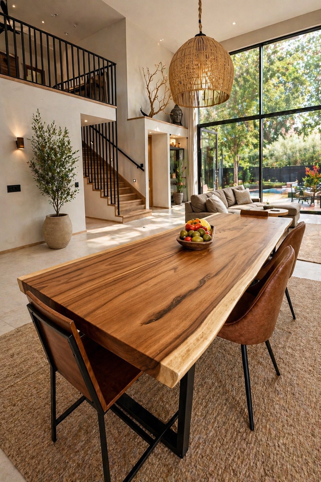 Live edge dining table in a double-height great room