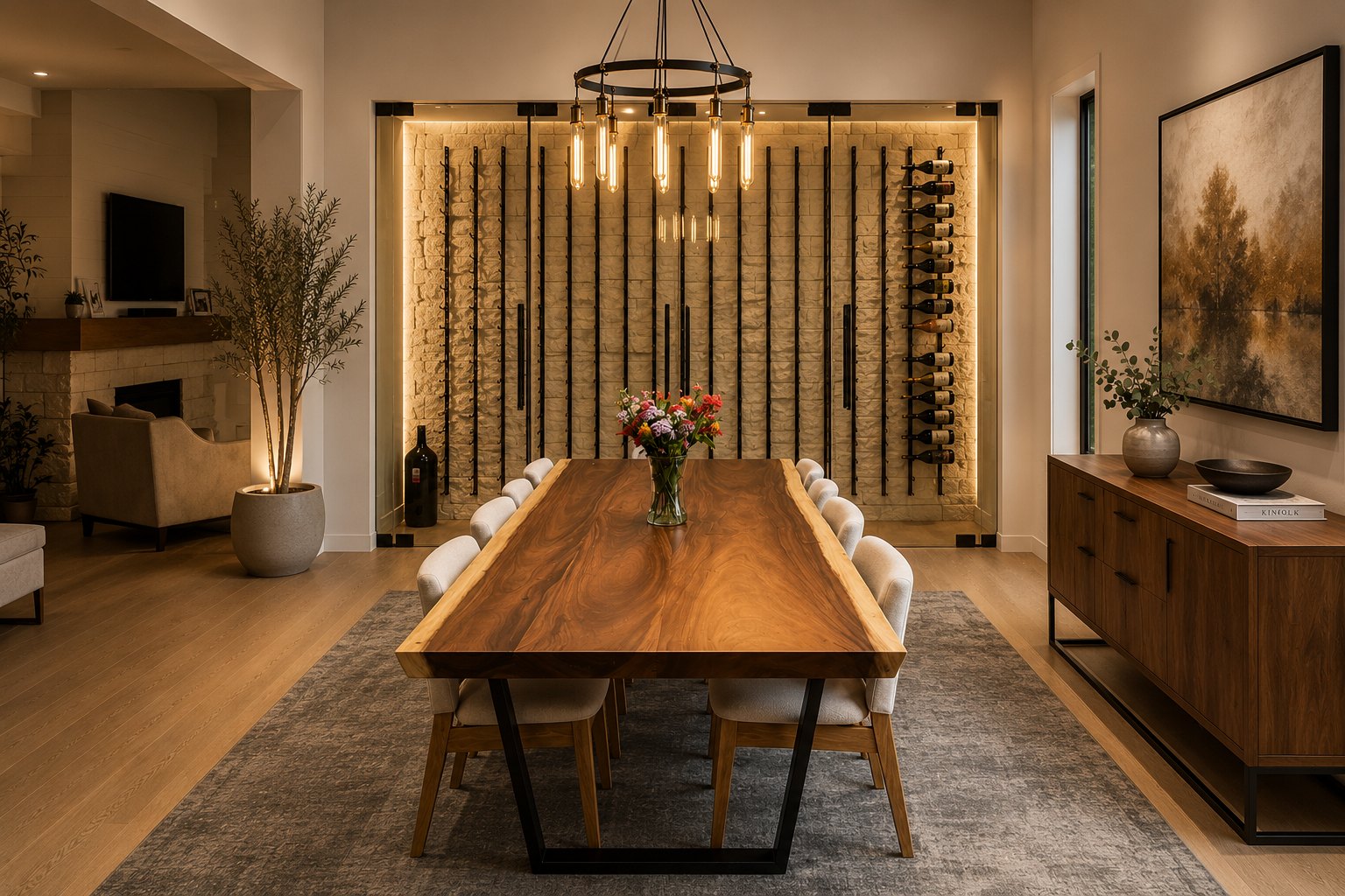 Live edge dining table in front of a backlit wine wall
