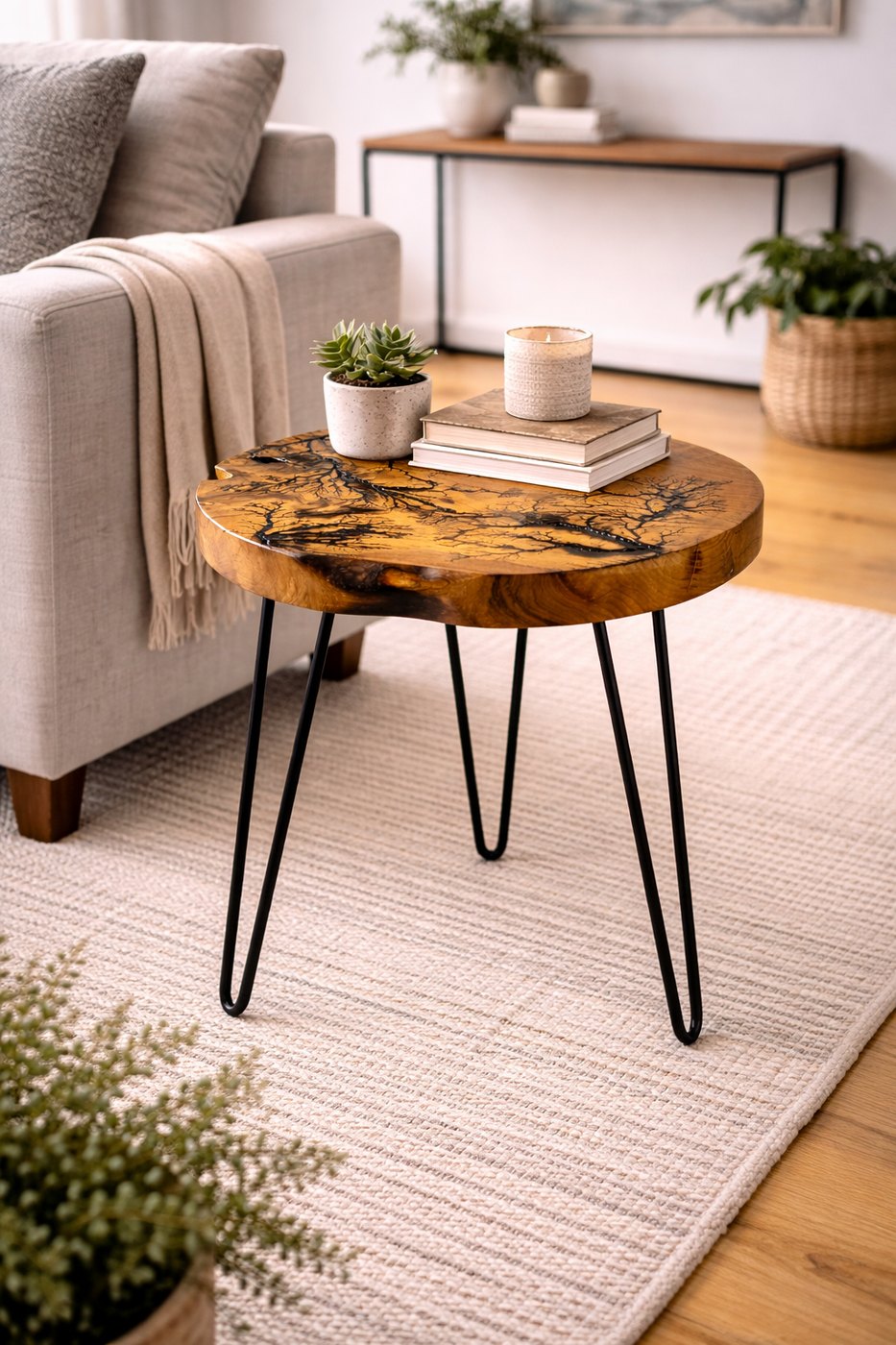 Vella solid teak round side table with tree burn design