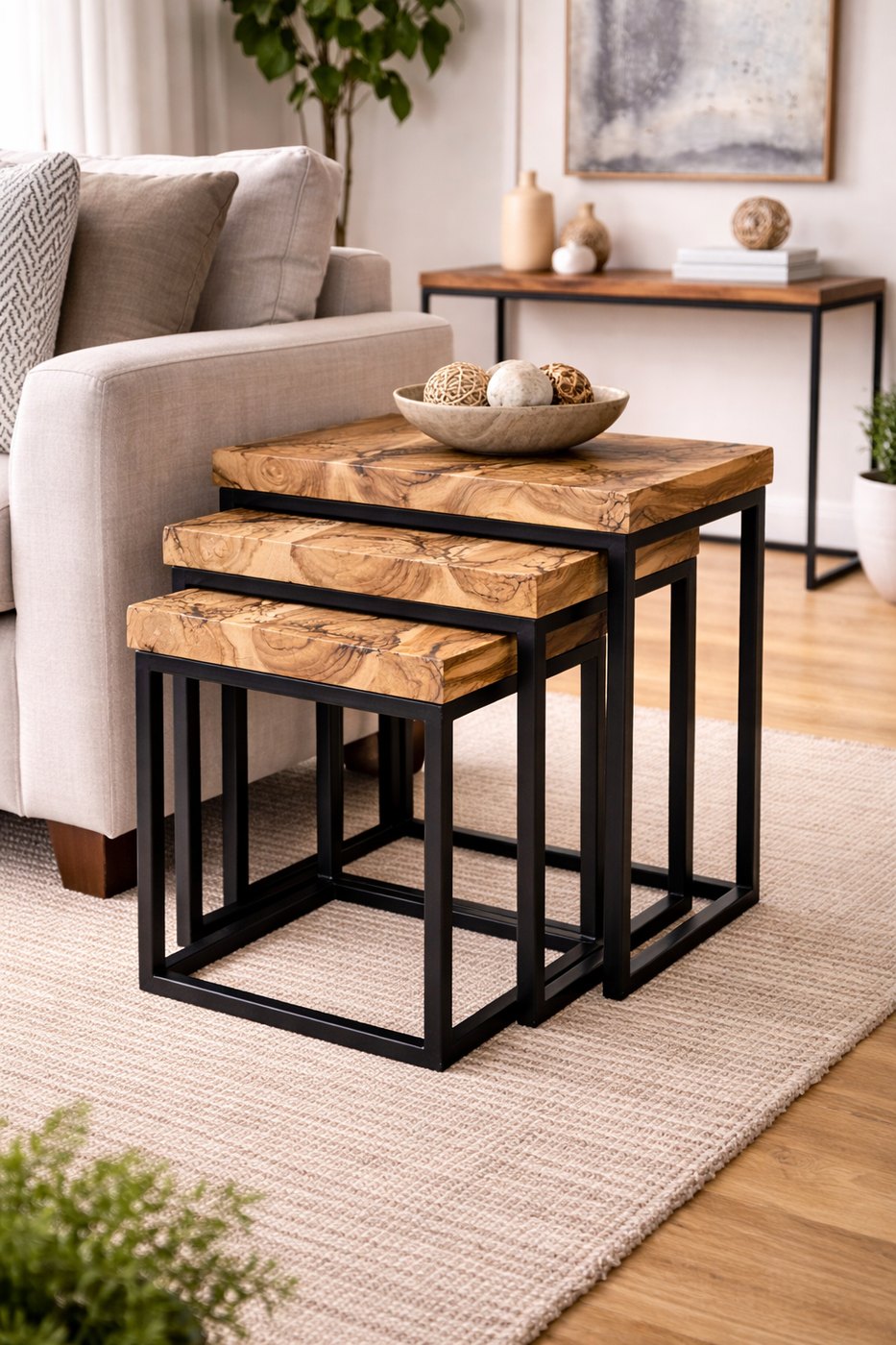 Solid teak nesting end tables with Lichtenberg fractal burning