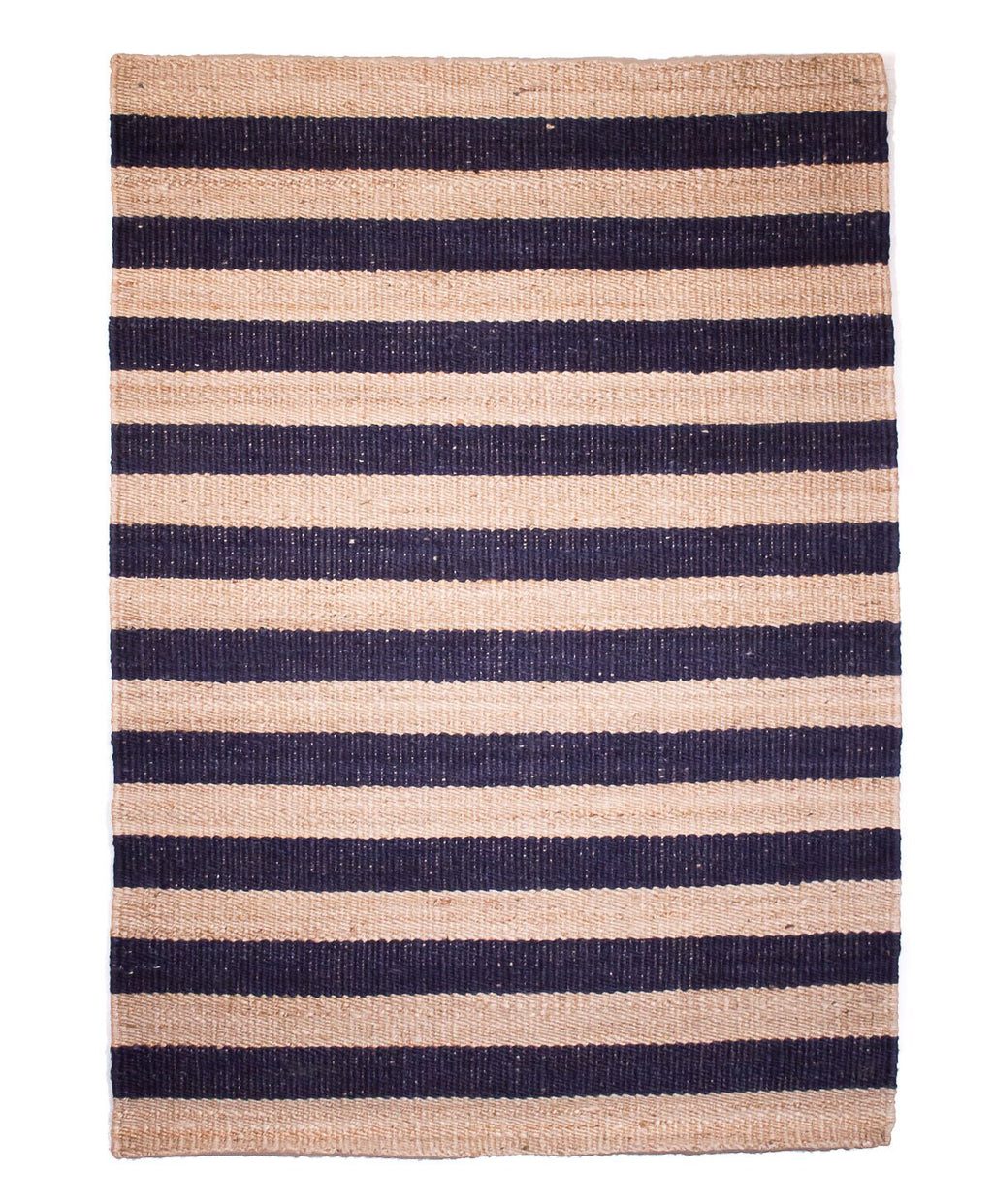 Navy Blue and Natural wide stripe Jute rug, Handmade Flawtweave, 2 X 6, 4 X 6, 5 X 7, 6 X 9
