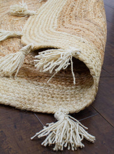 Ivory Border on Natural Jute, Round Rug with Fringes, Reversible, Hand Braided, Natural Fibre Rug, Accent rug