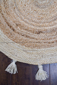 Ivory Border on Natural Jute, Round Rug with Fringes, Reversible, Hand Braided, Natural Fibre Rug, Accent rug