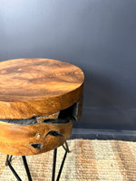 Load image into Gallery viewer, Teak Round Live Edge Table, Wooden Side Table, Pin Legs, Modern Rustic End Table
