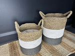 Load image into Gallery viewer, Two-tone Set of 2 Wicker Storage Basket Set, Rattan Cylindrical Holder, Woven Supplies Holder
