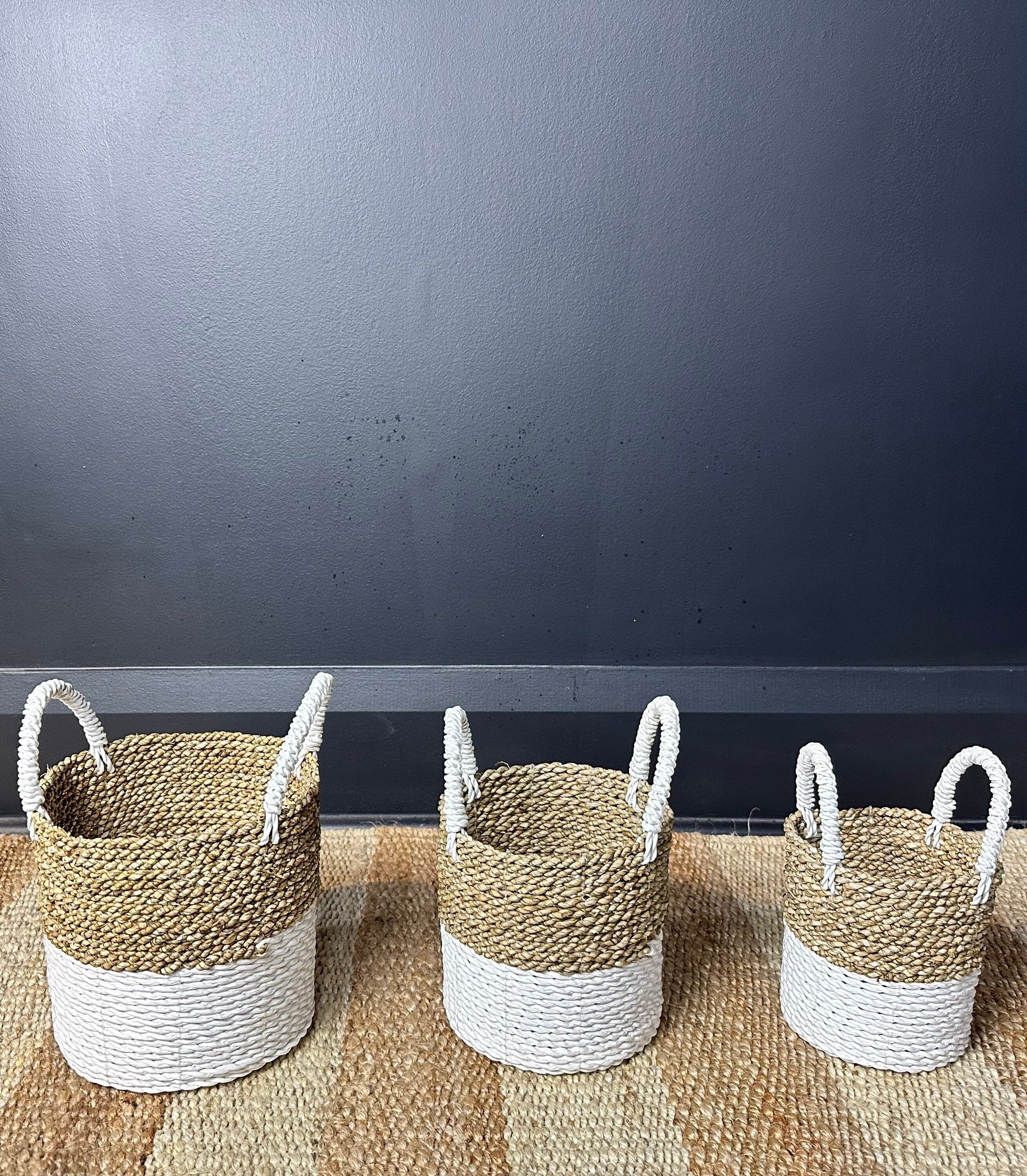 Two-tone Wicker Storage Basket Set of 3, Rattan Cylindrical Holder, Woven Supplies Holder