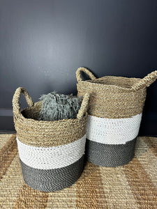 Two-tone Set of 2 Wicker Storage Basket Set, Rattan Cylindrical Holder, Woven Supplies Holder