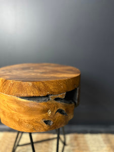 Teak Round Live Edge Table, Wooden Side Table, Pin Legs, Modern Rustic End Table