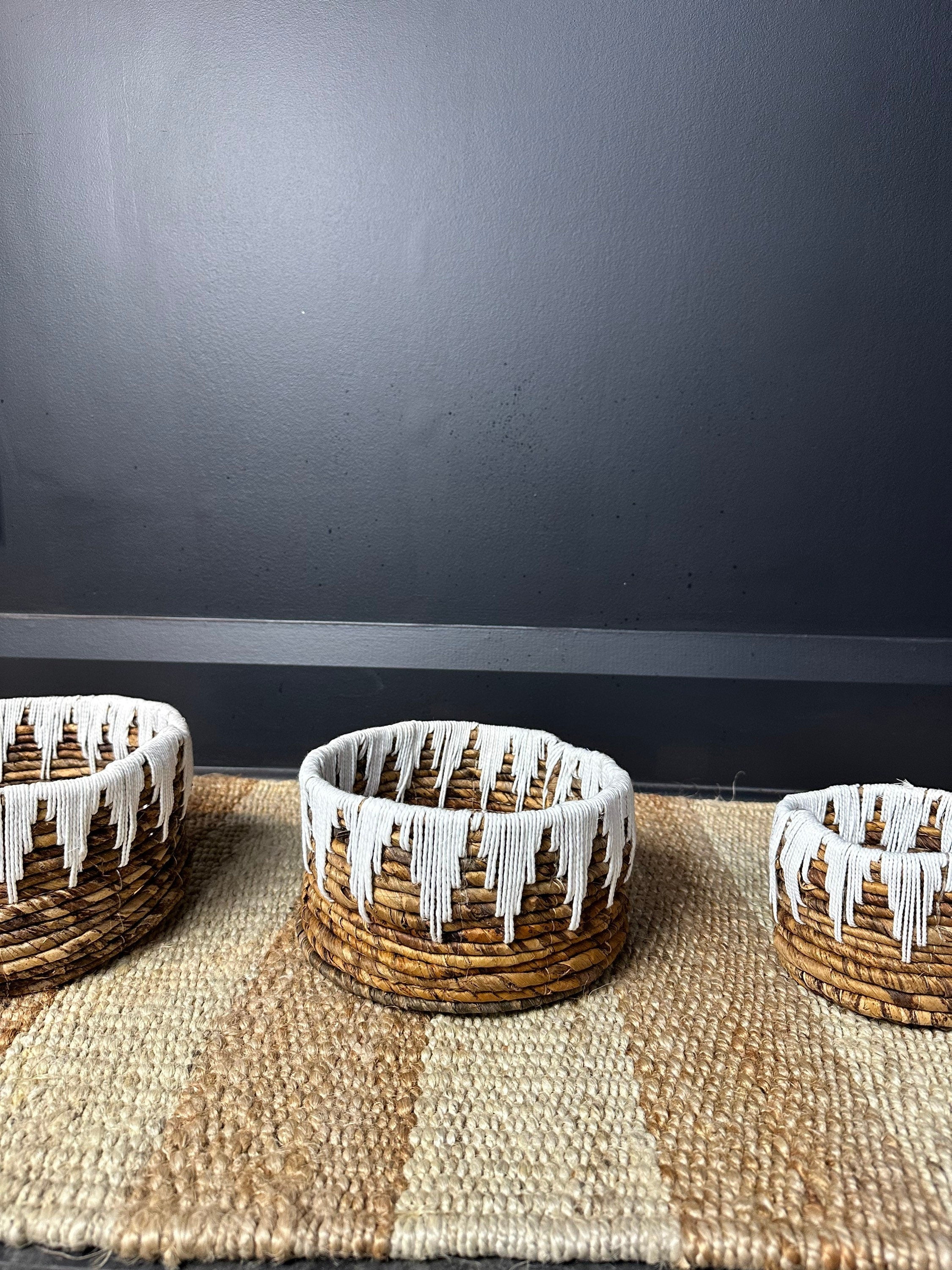 Embroidered Wicker Storage Basket Set of 3, Rattan Cylindrical Holder, Woven Supplies Holder