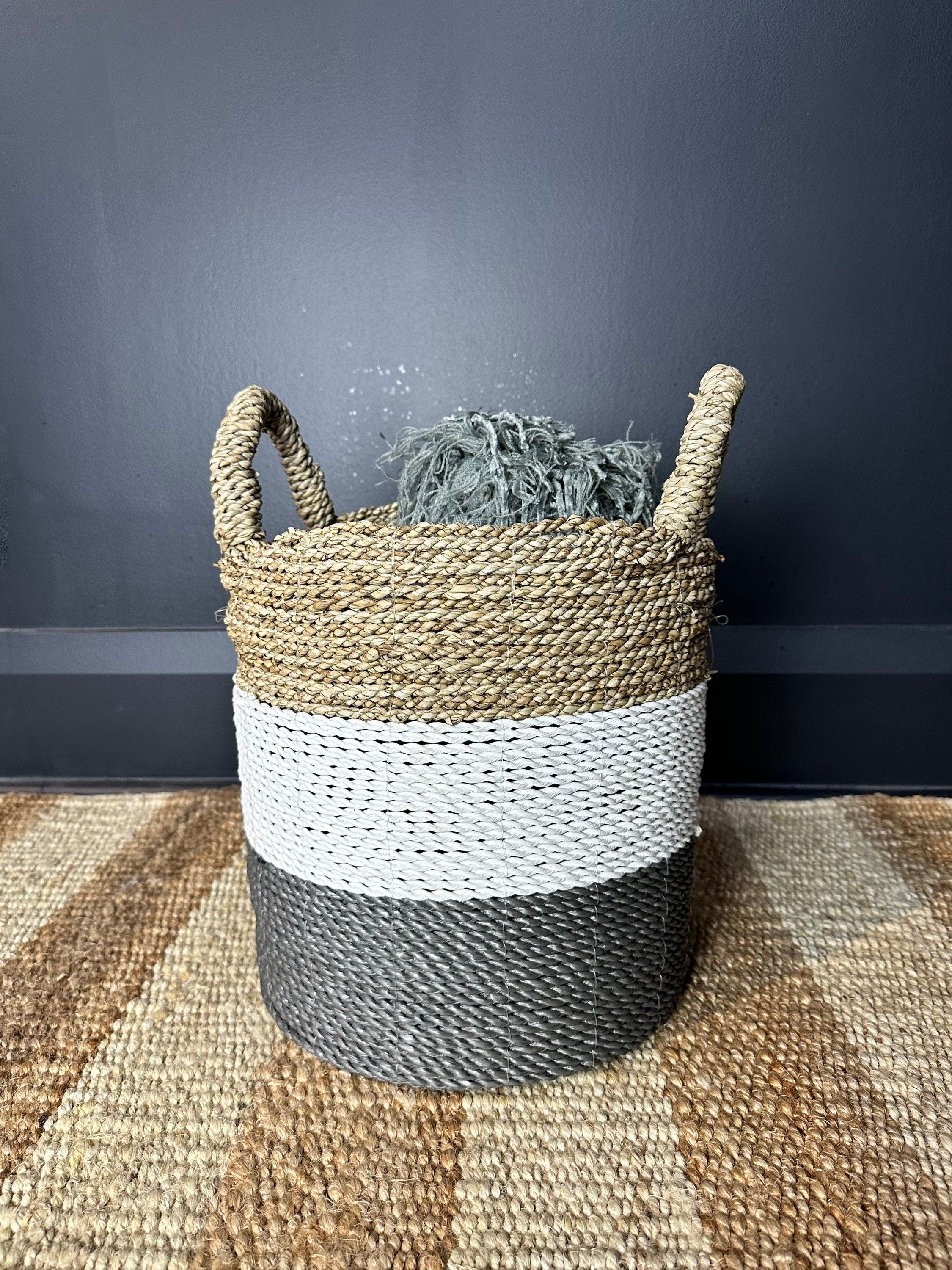 Two-tone Set of 2 Wicker Storage Basket Set, Rattan Cylindrical Holder, Woven Supplies Holder