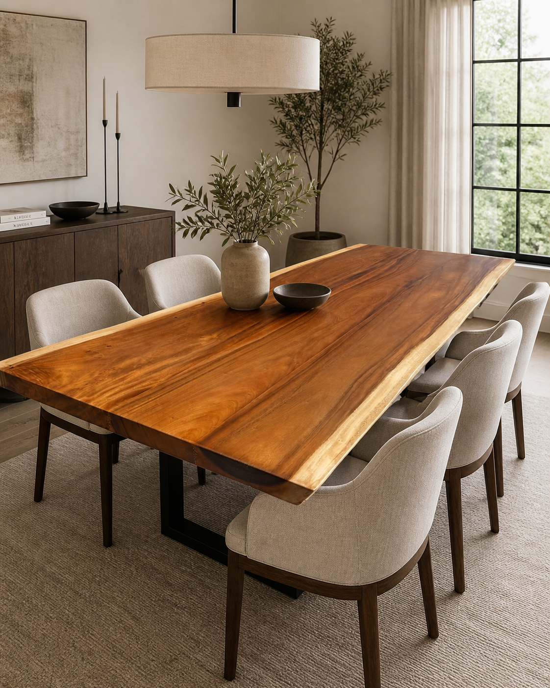 Live edge monkeypod dining table in a bright dining room
