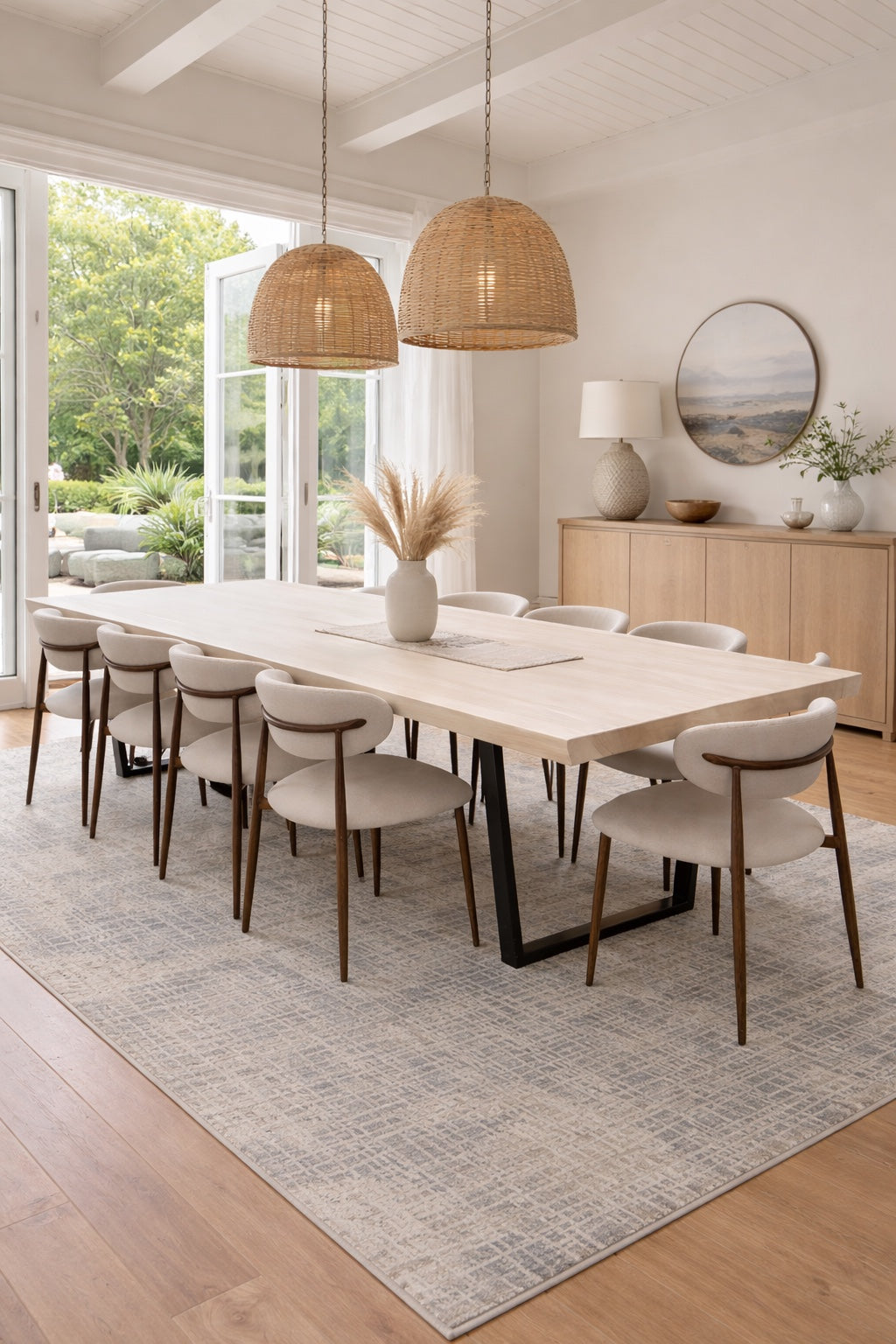 Bleached live edge dining table in a bright coastal style dining room