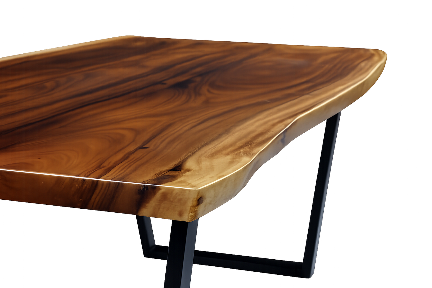 Live edge dining table corner with metal trapezoid leg