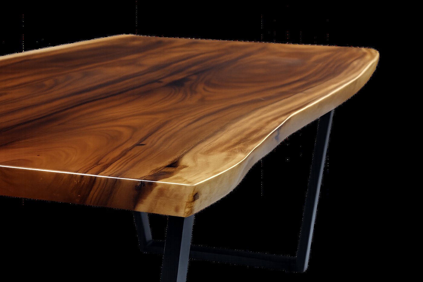 Live edge dining table corner with metal trapezoid leg
