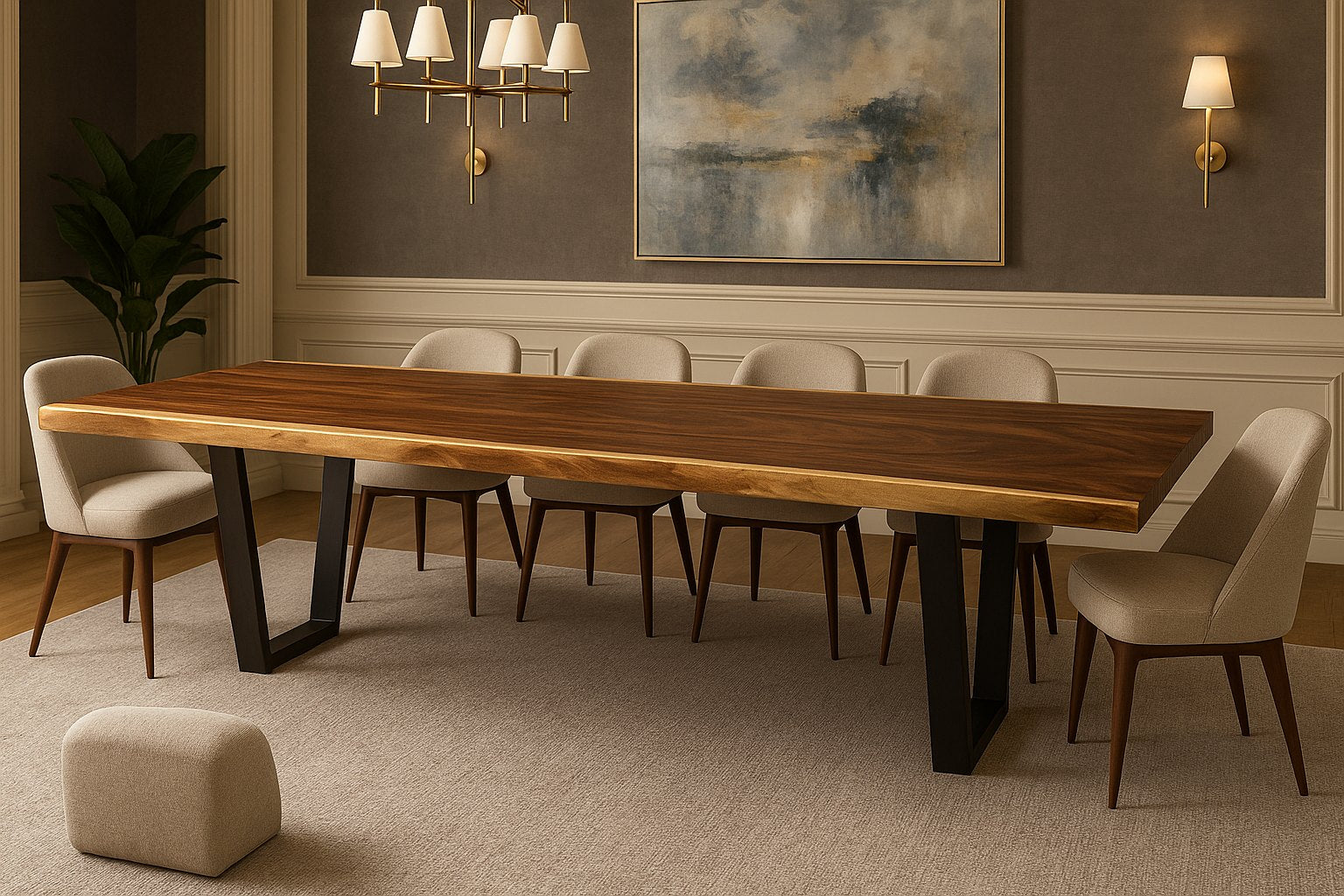 Live edge dining table with upholstered chairs in a classic dining room