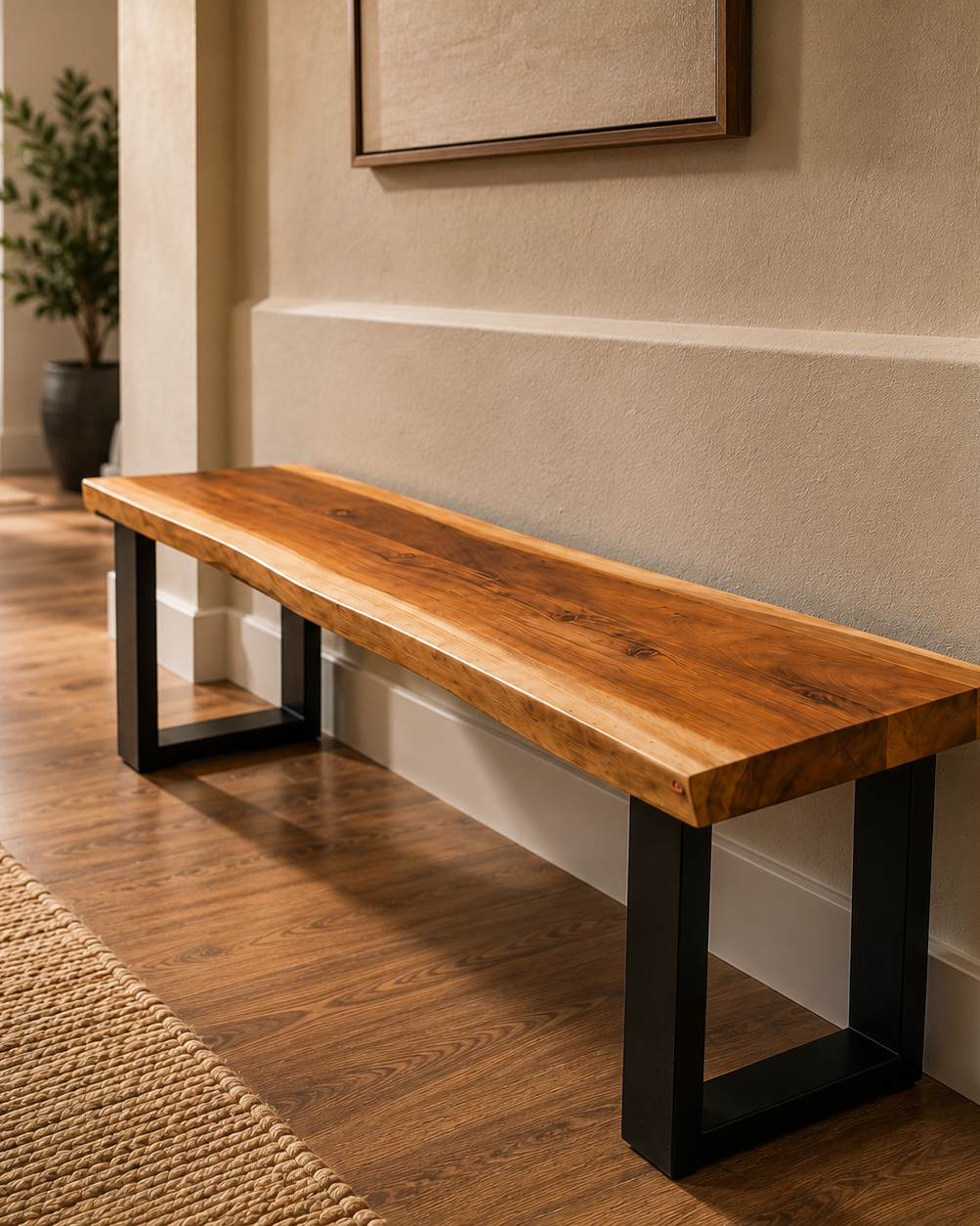 Live edge bench staged in an entry hallway