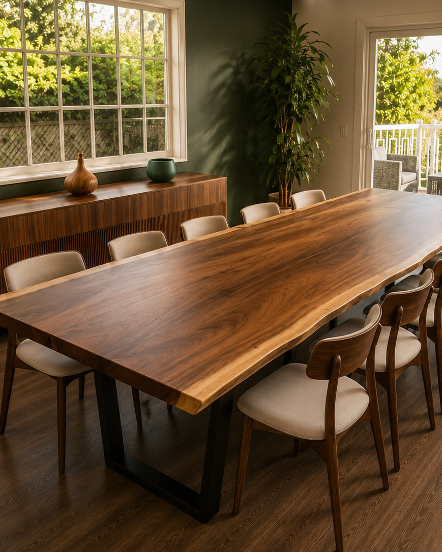 Live edge dining table staged in a bright dining room