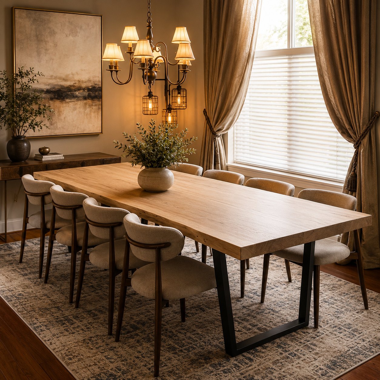 Bleached live edge dining table in a formal room with drapes