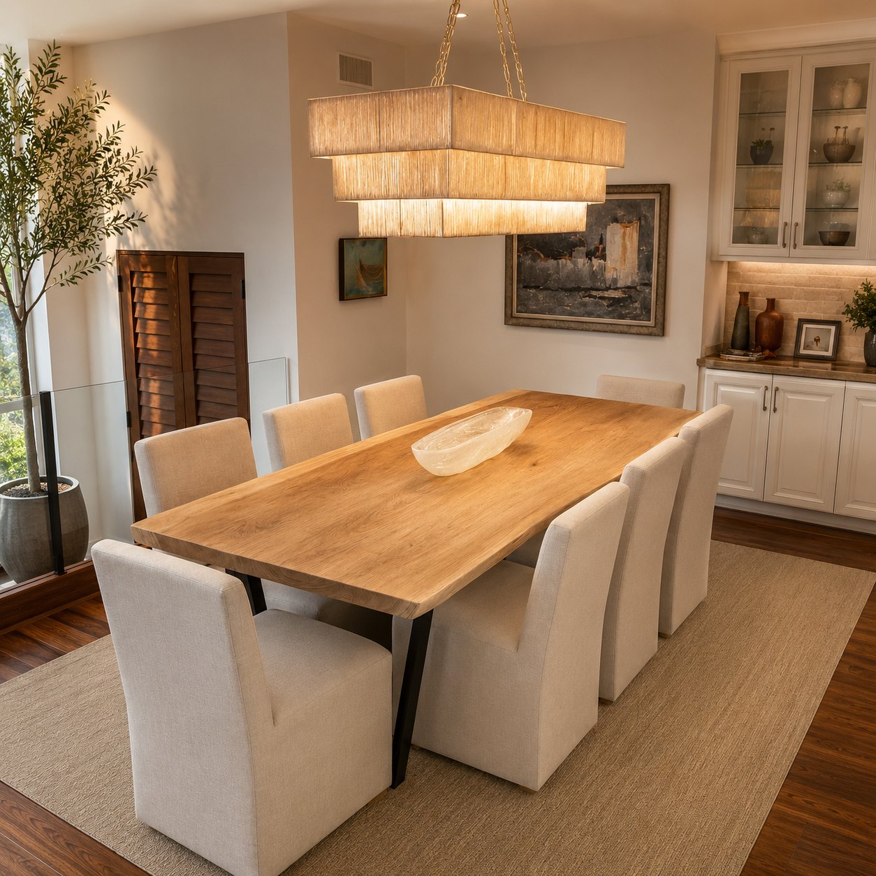 Bleached live edge dining table with white upholstered chairs