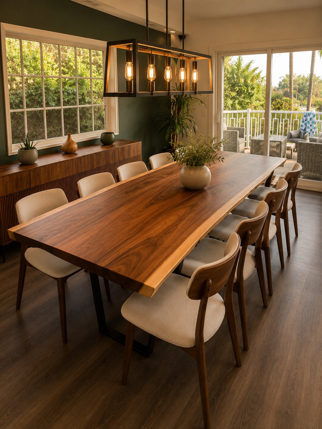 Live edge walnut dining table in a green dining room
