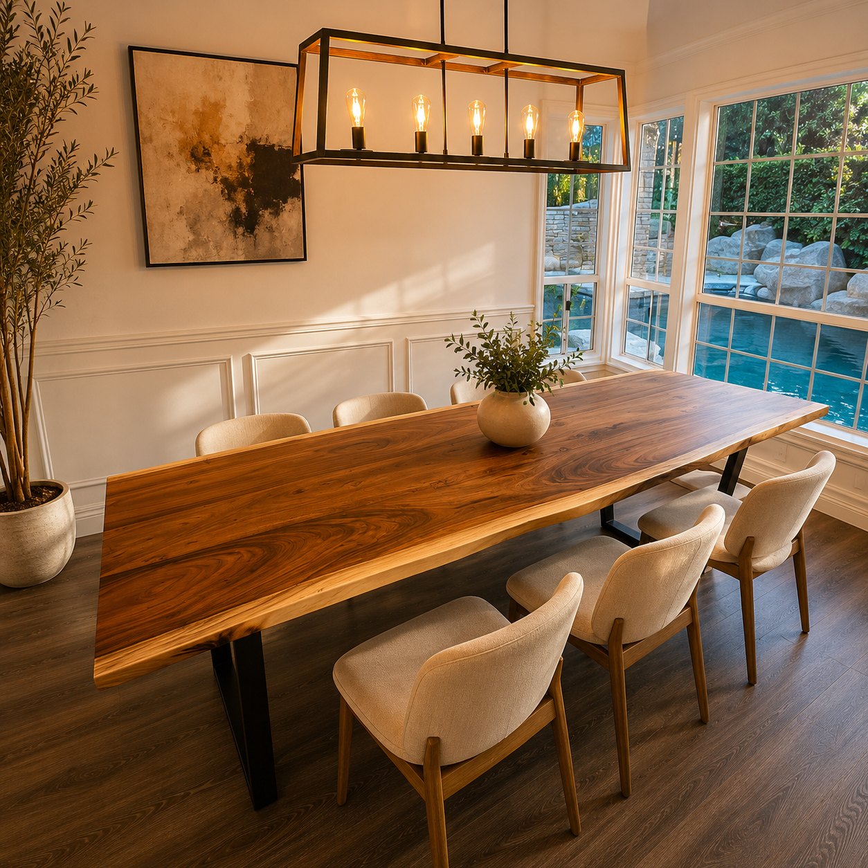 Live edge dining table under a linear chandelier with pool view